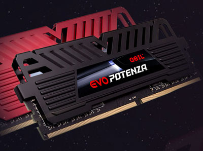  Front tilt view of the GeIL EVO POTENZA DDR4 Memory, with the RAM with black heat spreader on top of the one with red heat spreader  